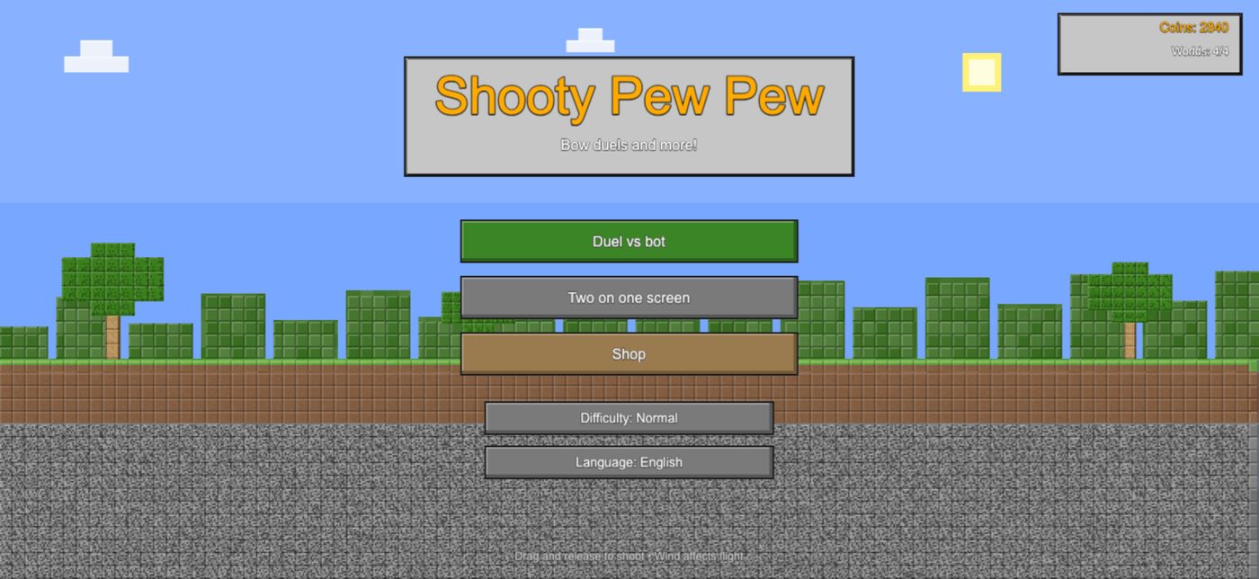 Main menu with Duel vs bot, Two on one screen, and Shop