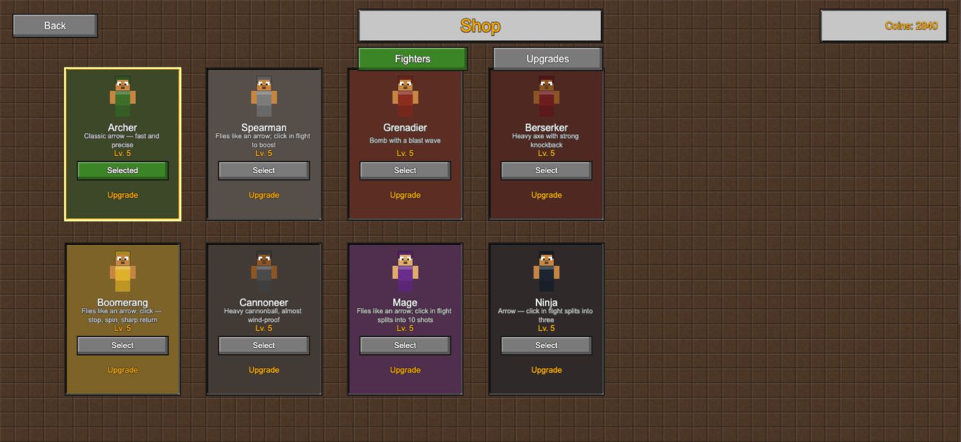 Shop with eight unlockable fighters and upgrades